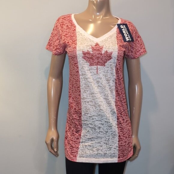 3/$20 WORLD CALHOUN Canadian Flag Burnout Tunic Tshirt Vneck Canada Day Top - Picture 2 of 12